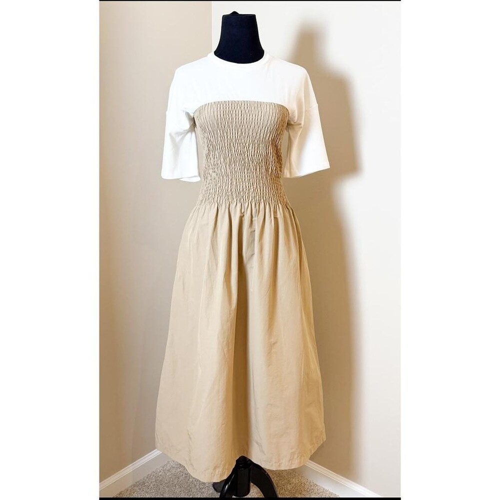 Anthropologie White and Beige Smocked Mini Dress